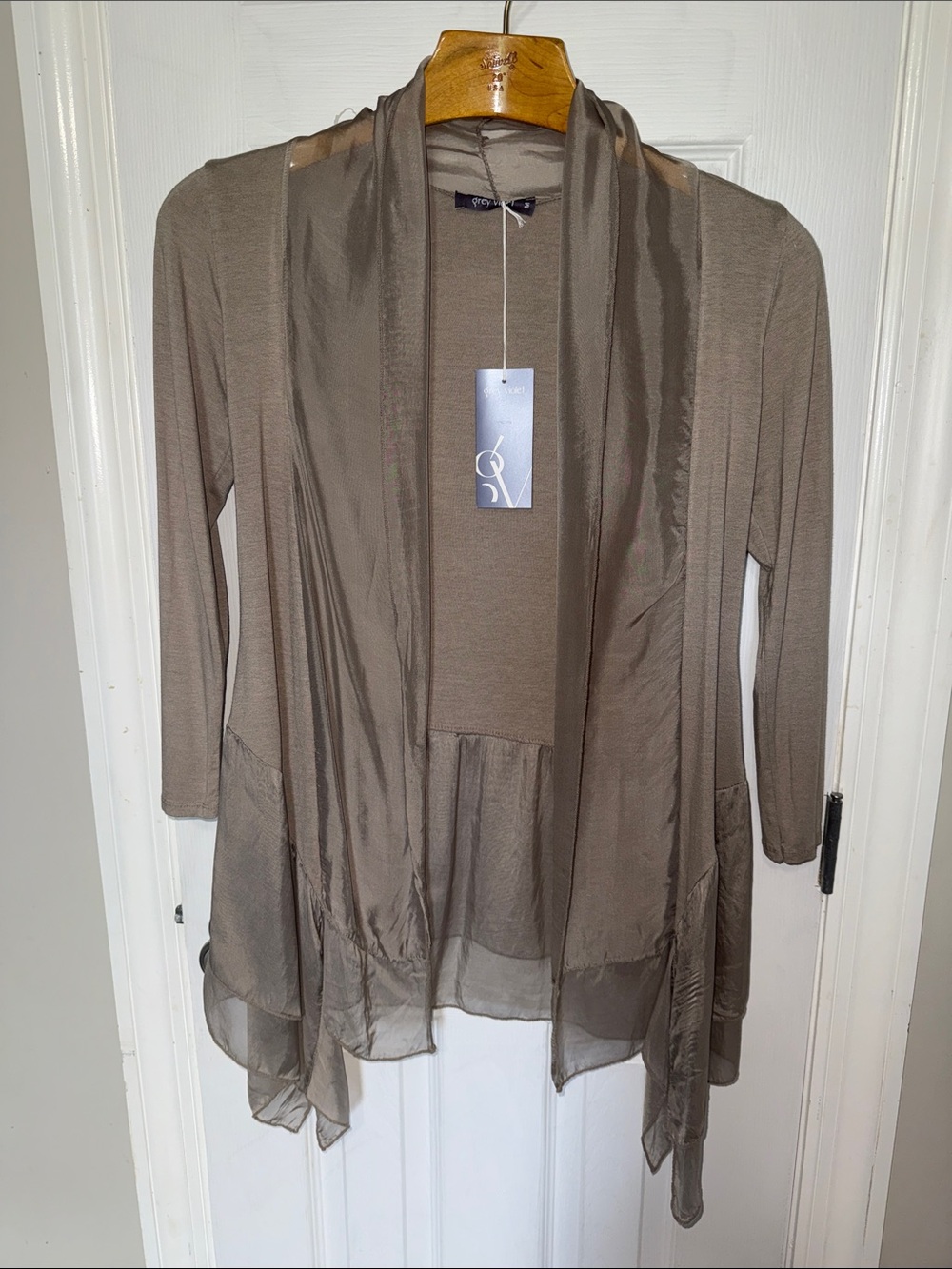 Lightweight Taupe Open-Front Chiffon-Trim Cardigan